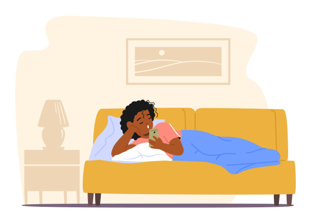 儿童角色沉迷于智能手机，蜷缩在床上，沐浴在屏幕的光芒中，被数字世界迷住了图片下载