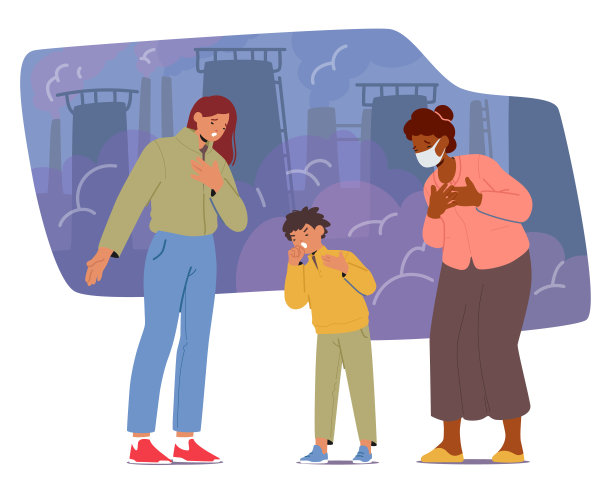 妇女和儿童在浓重的空气污染中咳嗽，悲伤的人们戴着防护口罩，矢量图片下载