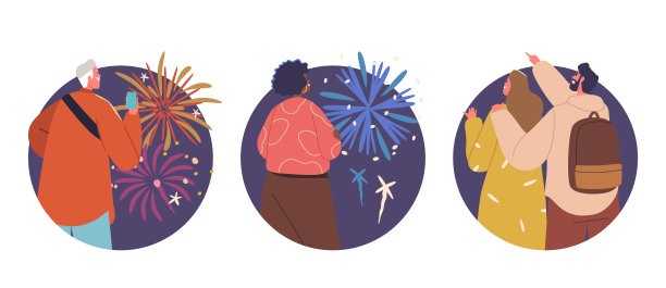 孤立的圆形图标或卡通人物兴高采烈地凝视天空，被充满活力的节日烟花迷住了图片下载