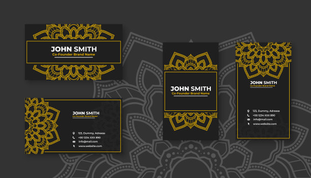 黑色和黄色豪华名片设计与花卉观赏曼陀罗图案装饰图片下载