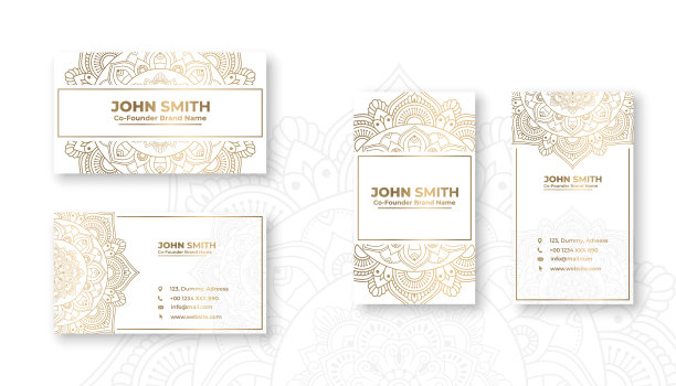 白色和金色豪华名片设计与花卉观赏曼陀罗图案装饰图片下载