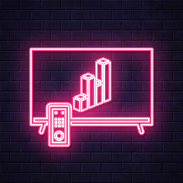 带有3D图表的电视。在砖墙背景上发光的霓虹灯图标图片下载