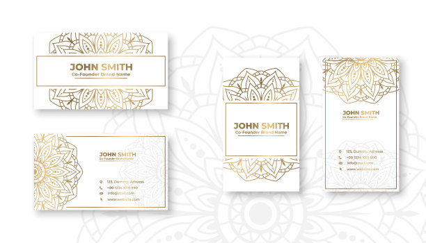 白色和金色豪华名片设计与花卉观赏曼陀罗图案装饰图片下载