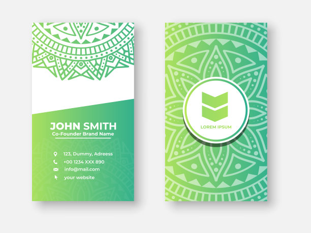 彩色梯度曼陀罗名片设计与花卉装饰元素图片下载