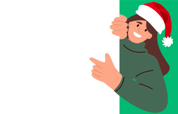 年轻女子戴着圣诞老人的帽子，手指着空白的广告牌，微笑着开心而积极图片下载