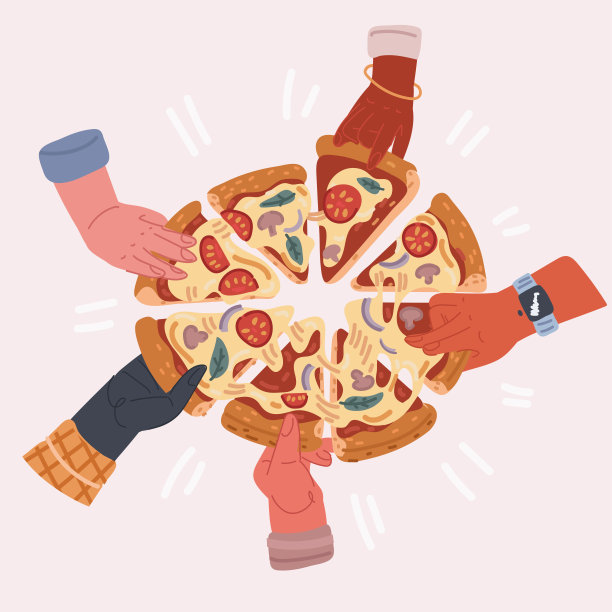 在公司聚会上从桌子上拿披萨片的手的顶视图矢量插图。饥饿的朋友一起吃意大利快餐。一家人拿着意大利辣香肠片。图片下载