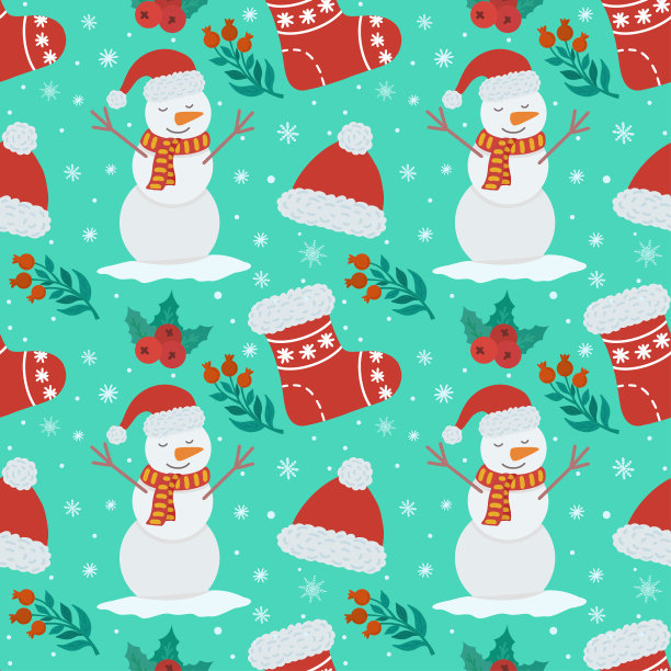 矢量无缝背景雪人，红帽子，红袜子和冬天的浆果。冬日新年的插画是贺卡。节日的背景。设计墙纸，包装纸，礼品，贺卡图片下载