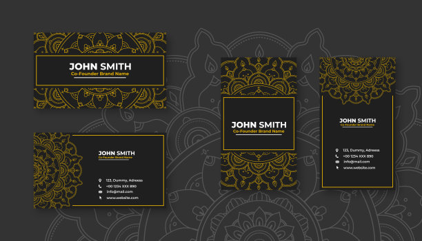 黑色和黄色豪华名片设计与花卉观赏曼陀罗图案装饰图片下载
