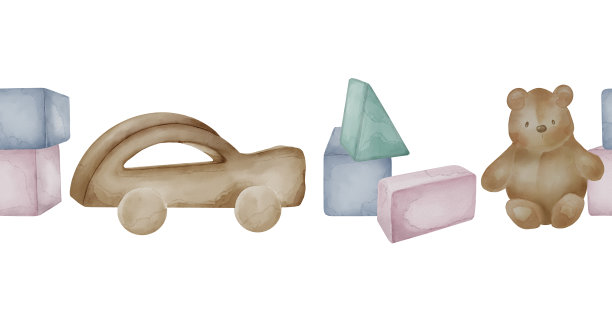 无缝边界与婴儿木制玩具隔离在白色背景。手绘汽车玩具和立方体。蜡笔色的泰迪熊插图。用于印刷的元素，用于男孩房间的装饰贴纸。图片下载