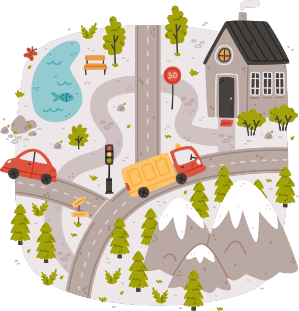 天真的城市地图与卡通道路汽车和房子图片下载