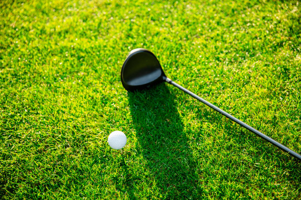 高尔夫俱乐部和高尔夫球在一个美丽的高尔夫球场的绿色草坪-股票照片图片下载