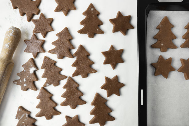 制作圣诞饼干的过程。这张照片以白色为背景，展示了新年饼干的面团、擀面杖和模具。从上面看。图片下载