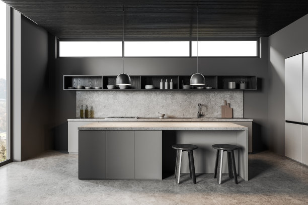 灰色的家庭厨房内部配有酒吧岛和凳子，烹饪空间和窗户图片下载
