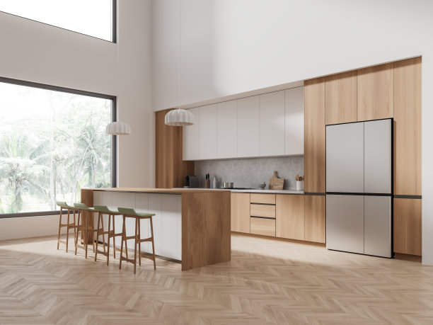 白色和木制的厨房角落，橱柜和岛台图片下载