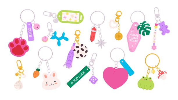卡通钥匙扣和钥匙扣。装饰钥匙架卡哇伊动物和符号。幼稚可爱的吊坠和链条，活泼的矢量集图片下载