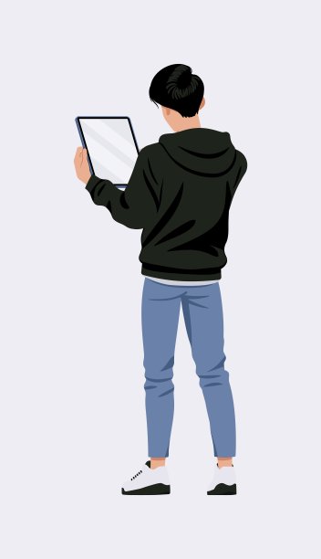 亚洲人，韩国瘦长好看的男孩拿着平板电脑站在后面图片下载