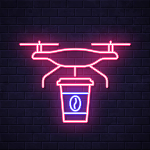 送咖啡的无人机。在砖墙背景上发光的霓虹灯图标图片下载