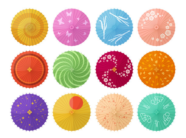 观赏传统日本伞艺术图案设计顶视图集矢量平面插图图片下载