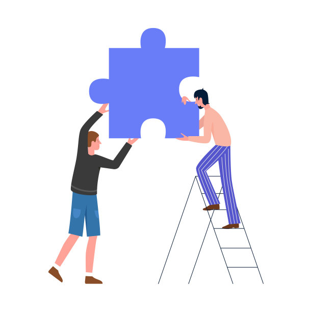 男主角拿着拼图拼贴在一起，小人站在梯子上帮忙图片下载