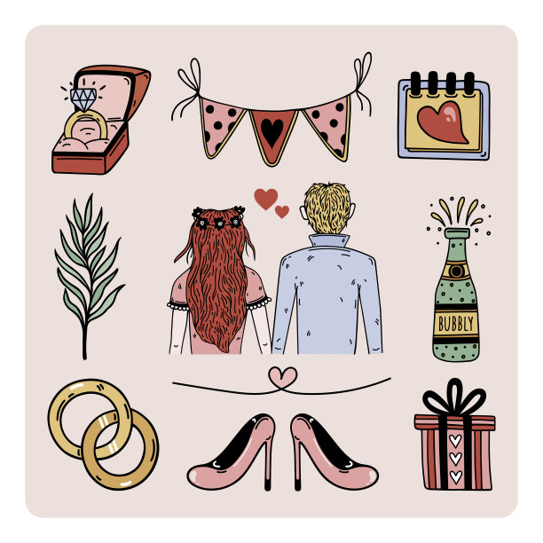 婚礼仪式矢量集。婚姻的象征——新娘和新郎的背影，订婚戒指，香槟，礼物，带爱心的花环。手绘的涂鸦。平面卡通剪贴画卡片，邀请图片下载