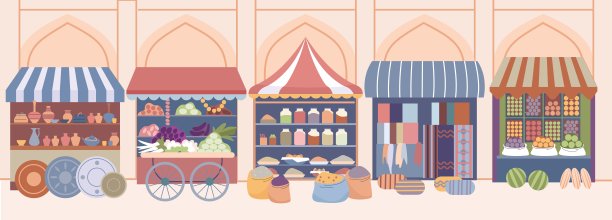 阿拉伯市场柜台上有各种各样的商品。摊位上有食品、地毯和陶瓷纪念品。传统东方街头集市热闹矢量场景图片下载