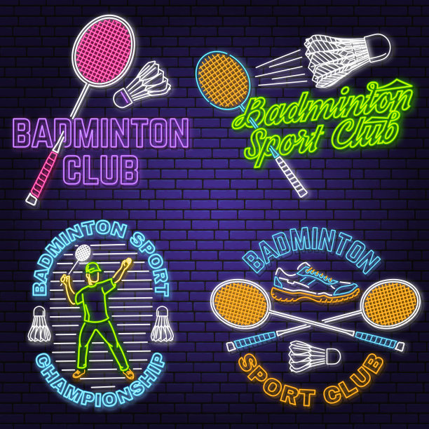一套羽毛球运动霓虹灯徽章。矢量插图。复古羽毛球标签与球拍，球员和毽子轮廓。概念衬衫或标志，印刷，邮票或t恤图片下载