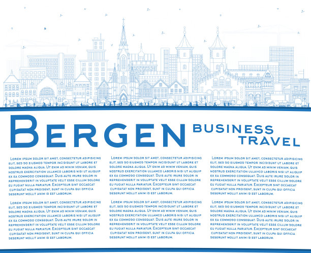 勾勒卑尔根挪威城市天际线与蓝色建筑和复制空间。卑尔根城市景观与地标。商务旅行和旅游概念与历史建筑。图片下载