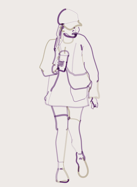 色彩轮廓风格年轻女子在步行水彩画肖像图案饮料图片下载