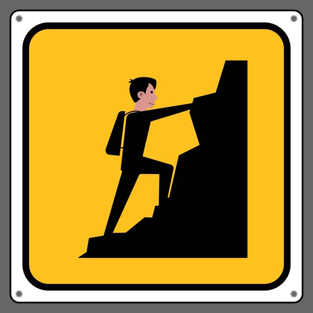 小心陡峭的斜坡和岩石。警告标志图片下载