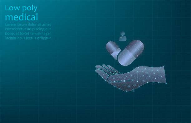 矢量图像的一个药在一个胶囊上的手，低聚图片。图片下载