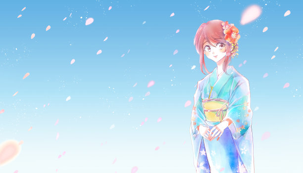 一名身穿长袖和服的女子，樱花花瓣飘落图片下载