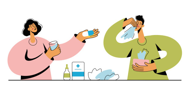 一个女人把药片和一杯水一起给一个胸痛的病人。年轻夫妇互相照顾。图片下载