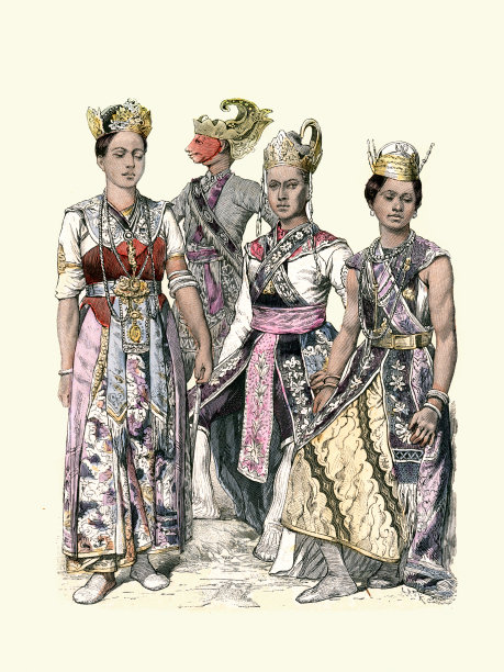 传统的亚洲服装，爪哇演员。印度尼西亚，19世纪，时尚史图片下载