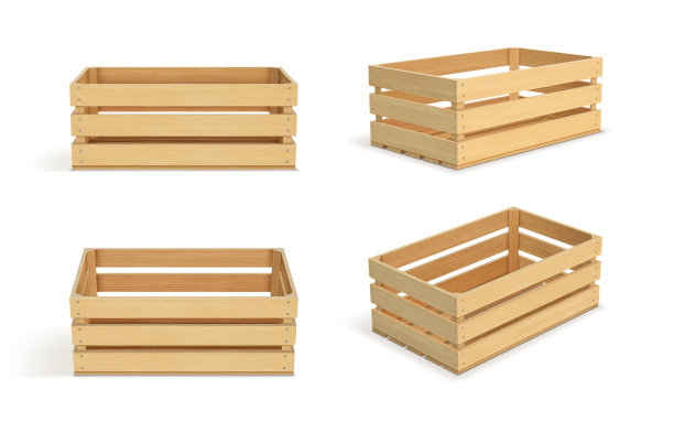 矢量现实货物存储木箱隔离在白色背景。带孔的木制水果盒。用于储存和运输食品的盒子。图片下载