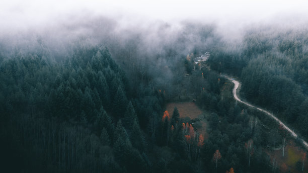 一条通往雾蒙蒙的雪山的路。无人驾驶飞机的照片。图片下载