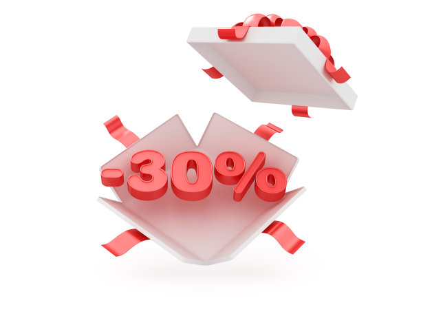 打开礼盒与红色文本-30%的白色背景。黑色星期五和其他季节性销售的广告横幅。图片下载