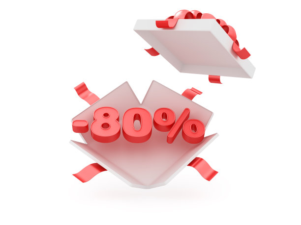 打开礼盒与红色文本-80%在白色背景。黑色星期五和其他季节性销售的广告横幅。图片下载