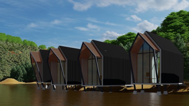 北欧风格的度假胜地，周围环绕着大自然和湖泊。图片下载