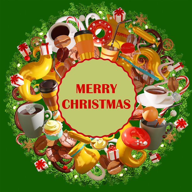 色彩丰富，细节，有很多背景对象的3d图像。咖啡杯。咖啡外带。咖啡店。圣诞短信快乐。图片下载