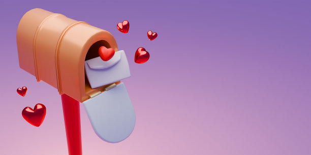 情人节假期概念橡皮泥卡通风格的3d爱情邮箱。心形信封的3d插图图片下载