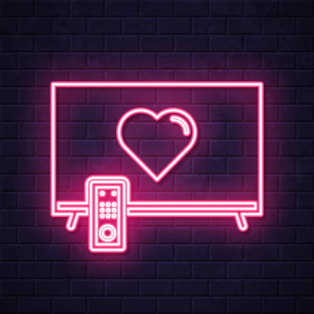 用心看电视。在砖墙背景上发光的霓虹灯图标图片下载