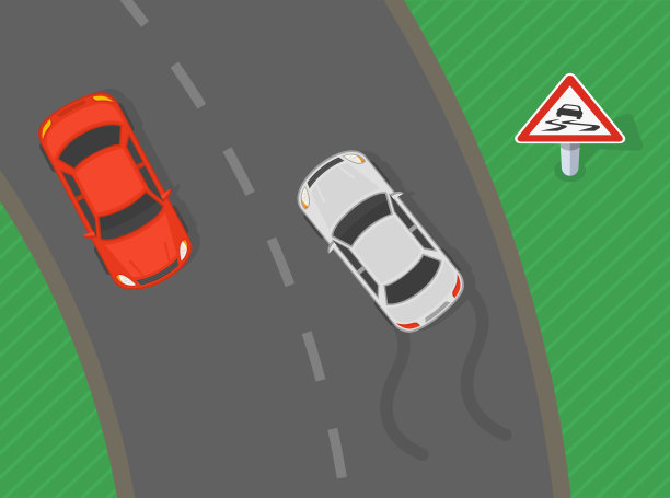 安全驾驶技巧及交通规则。俯视图的交通流量在湿滑的道路标志区域。矢量插图模板。图片下载