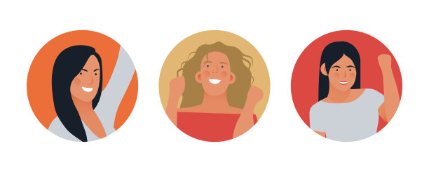 收集徽章。在色彩斑斓的背景上，不同肤色的女性员工围成圆圈。现代平面矢量插图。社交媒体概念。图片下载