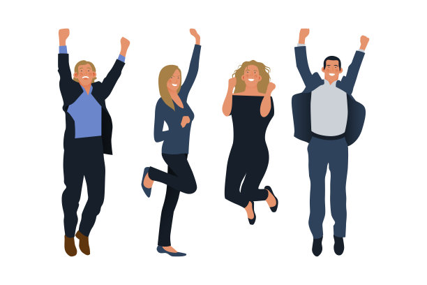 收集快乐的企业员工在空中跳跃的人愉快地孤立在白色的背景。现代平面矢量插图。社交媒体概念。图片下载