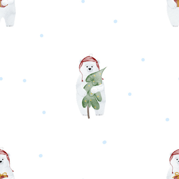 水彩无缝图案的可爱的白熊在一个红色的帽子与圣诞树。图案美观，适合印在儿童纺织品和包装纸上图片下载