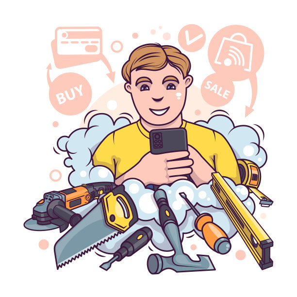 微笑着的年轻男子拿着智能手机，选择不同的维修工具图片下载