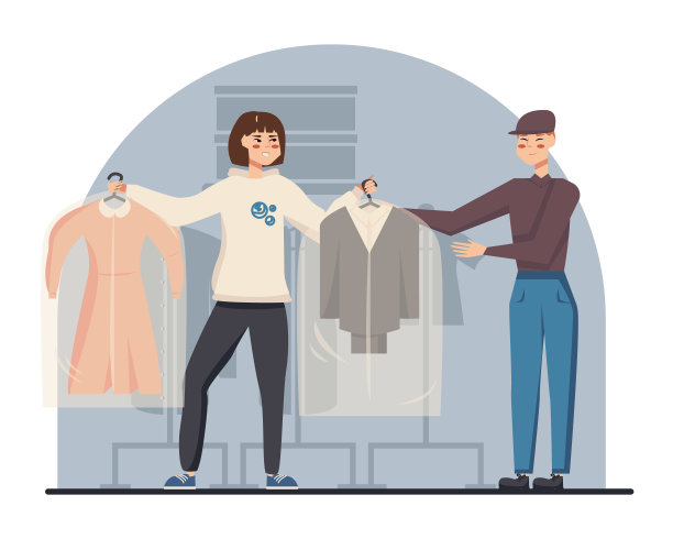 微笑的工作人员与客户交谈，并给干净的衣服。干洗概念图片下载
