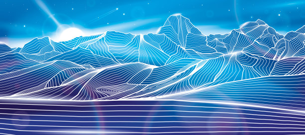 群山夜景全景。蓝色背景上的轮廓插图。霓虹灯照明。神奇的月光。雪山。矢量设计艺术图片下载