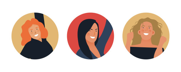 收集徽章。在色彩斑斓的背景上，不同肤色的女性员工围成圆圈。现代平面矢量插图。社交媒体概念。图片下载