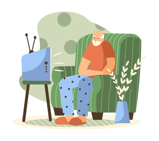 成年男性坐在家里的扶手椅上看电视。幸福晚年图片下载